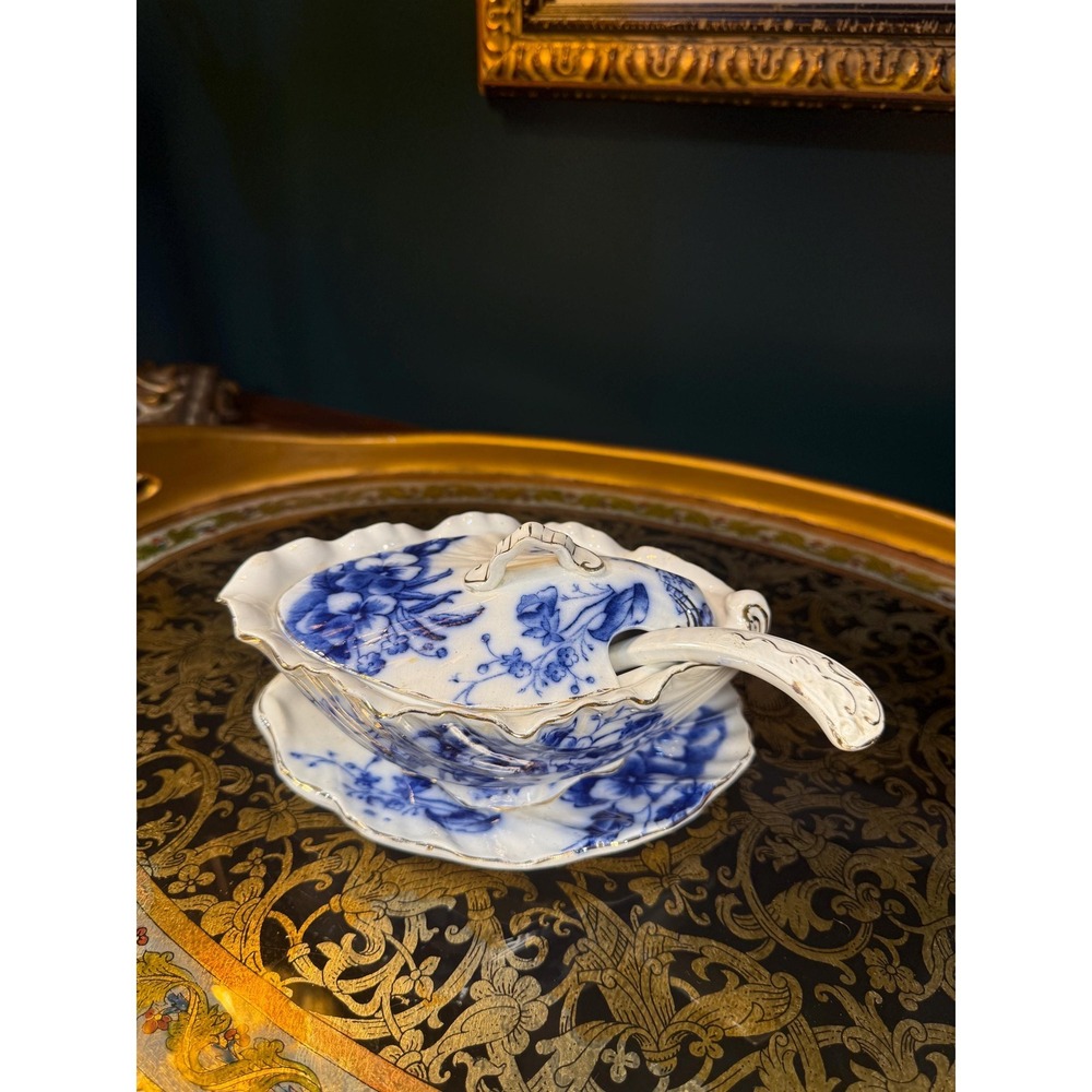 Antique Flow Blue Pansy Tureen Set: Staffordshire England, c.1900